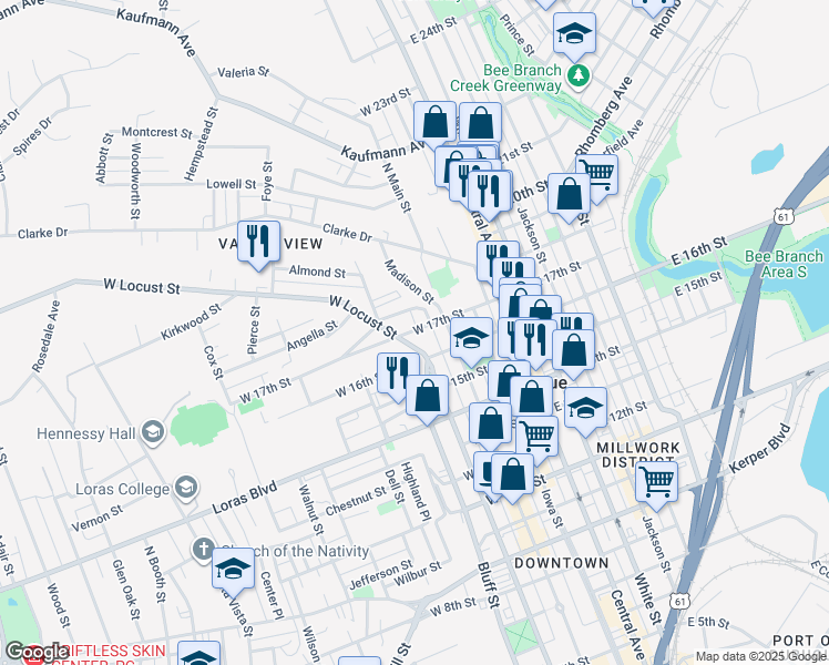 map of restaurants, bars, coffee shops, grocery stores, and more near 1745 Madison Street in Dubuque