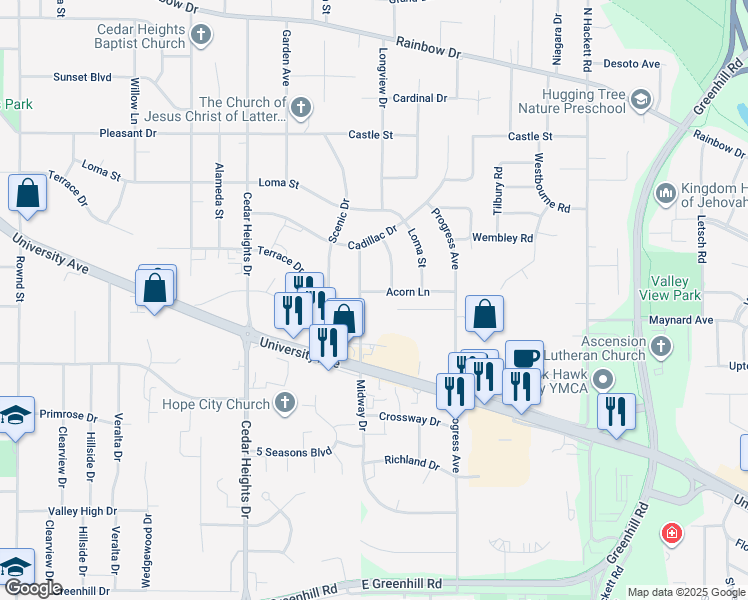 map of restaurants, bars, coffee shops, grocery stores, and more near 3228 Midway Drive in Waterloo