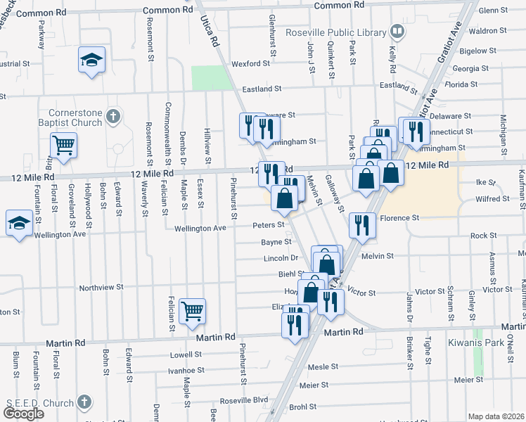 map of restaurants, bars, coffee shops, grocery stores, and more near 17866 Wellworth Street in Roseville