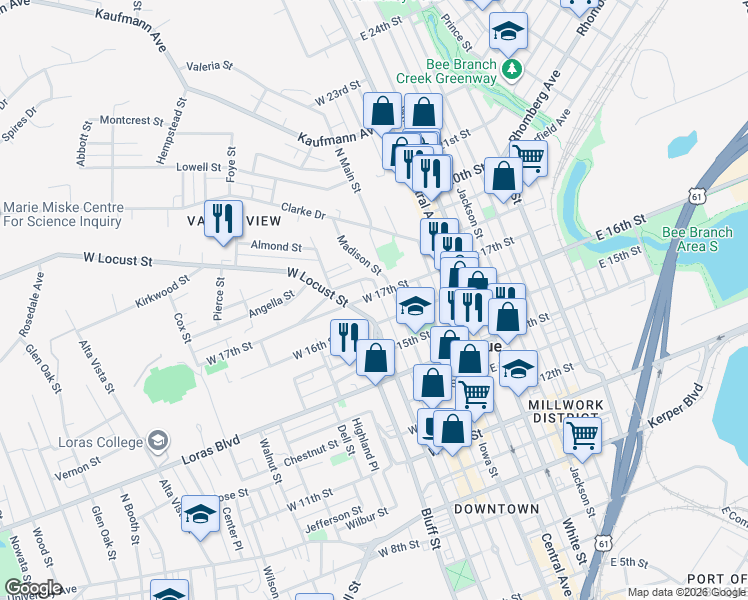 map of restaurants, bars, coffee shops, grocery stores, and more near 1745 Madison Street in Dubuque