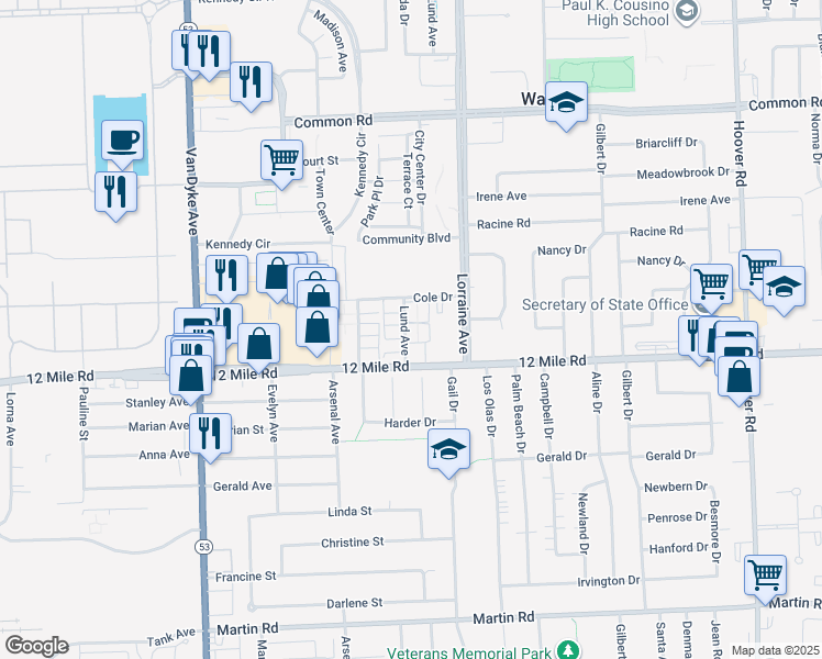map of restaurants, bars, coffee shops, grocery stores, and more near 29277 Lund Avenue in Warren