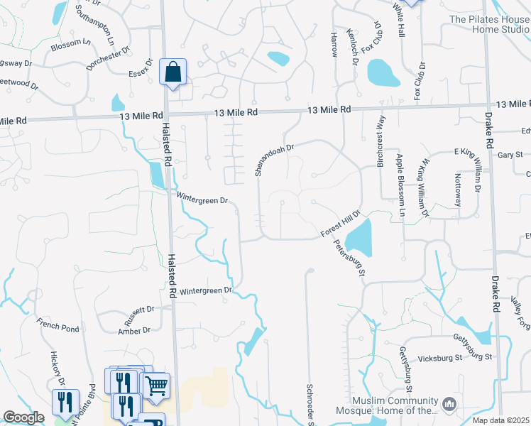 map of restaurants, bars, coffee shops, grocery stores, and more near 29132 Shenandoah Drive in Farmington Hills