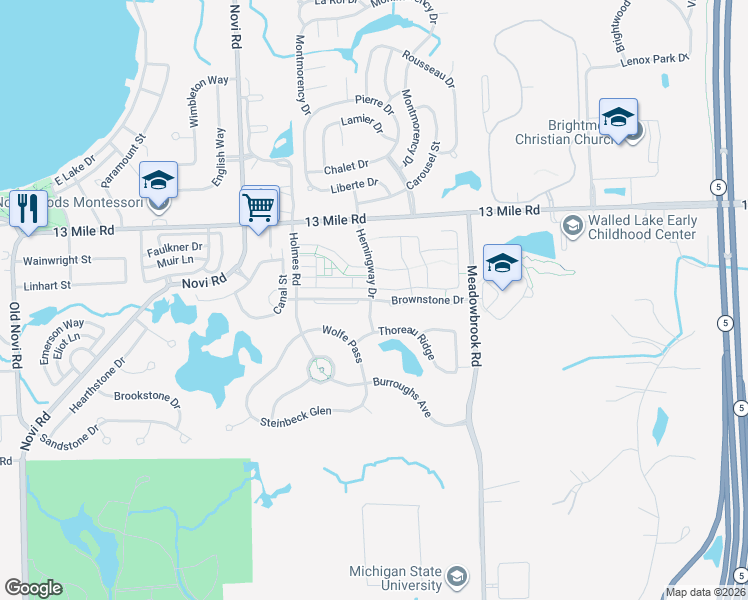 map of restaurants, bars, coffee shops, grocery stores, and more near Brownstone Drive in Novi