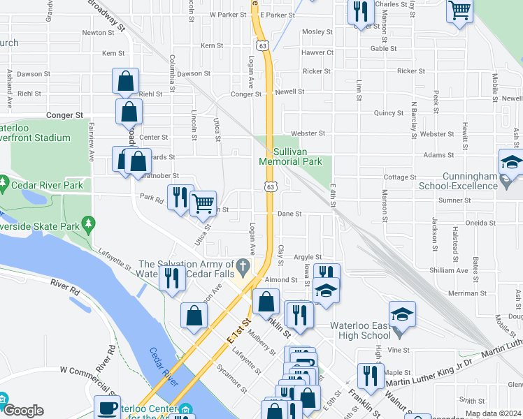 map of restaurants, bars, coffee shops, grocery stores, and more near 211 Dane Street in Waterloo