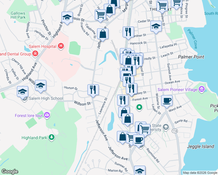map of restaurants, bars, coffee shops, grocery stores, and more near 166A Ocean Avenue in Salem