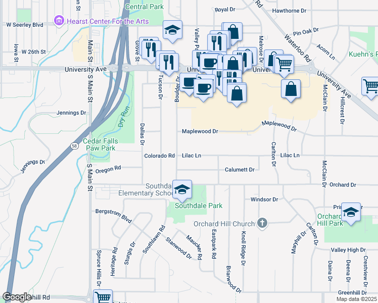map of restaurants, bars, coffee shops, grocery stores, and more near 725-809 Maplewood Drive in Cedar Falls
