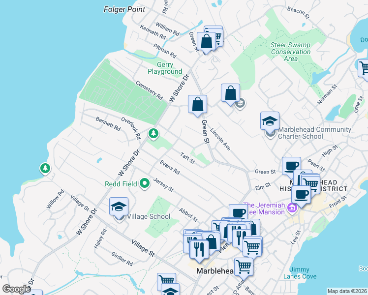 map of restaurants, bars, coffee shops, grocery stores, and more near 1 Turner Road in Marblehead