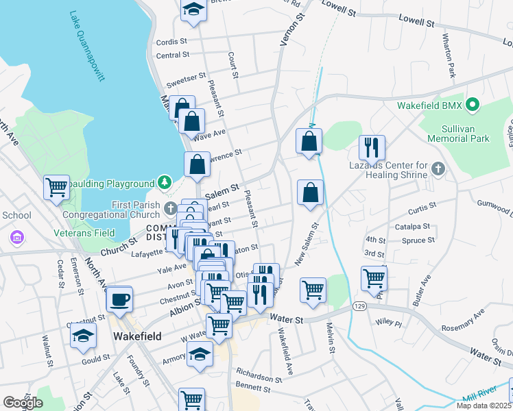 map of restaurants, bars, coffee shops, grocery stores, and more near 5A Emerald Street in Wakefield