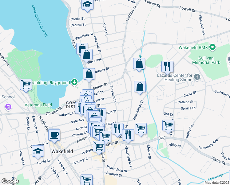 map of restaurants, bars, coffee shops, grocery stores, and more near 5A Emerald Street in Wakefield