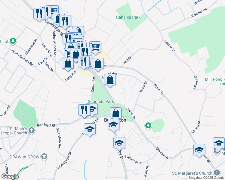 map of restaurants, bars, coffee shops, grocery stores, and more near 156 Cambridge Street in Burlington