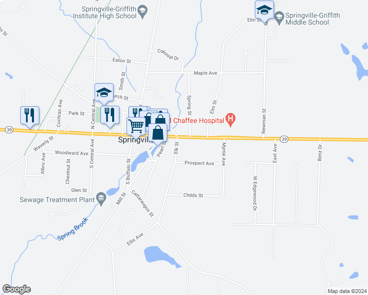 map of restaurants, bars, coffee shops, grocery stores, and more near 112 East Main Street in Springville