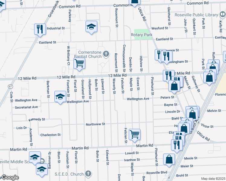 map of restaurants, bars, coffee shops, grocery stores, and more near 28855 Waverly Street in Roseville
