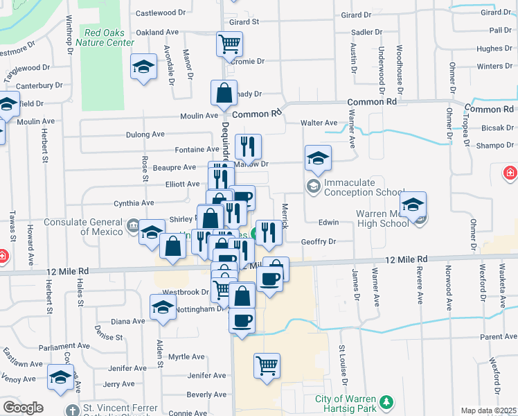 map of restaurants, bars, coffee shops, grocery stores, and more near 29356 Dequindre Road in Warren