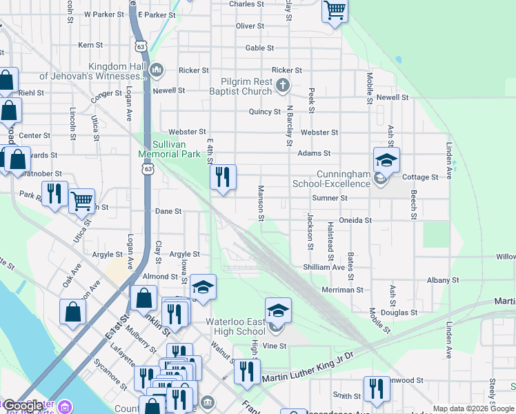 map of restaurants, bars, coffee shops, grocery stores, and more near 305 Sumner Street in Waterloo