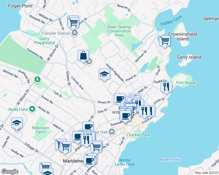 map of restaurants, bars, coffee shops, grocery stores, and more near 11 Lime Street in Marblehead