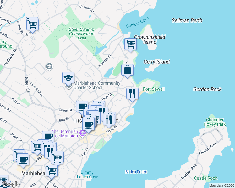 map of restaurants, bars, coffee shops, grocery stores, and more near 4 Washington Street in Marblehead
