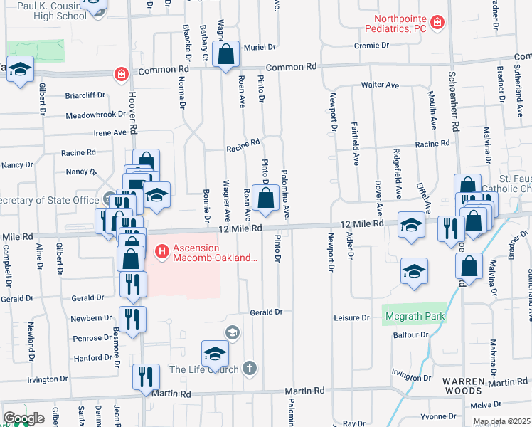 map of restaurants, bars, coffee shops, grocery stores, and more near 29219 Geoffry Drive in Warren