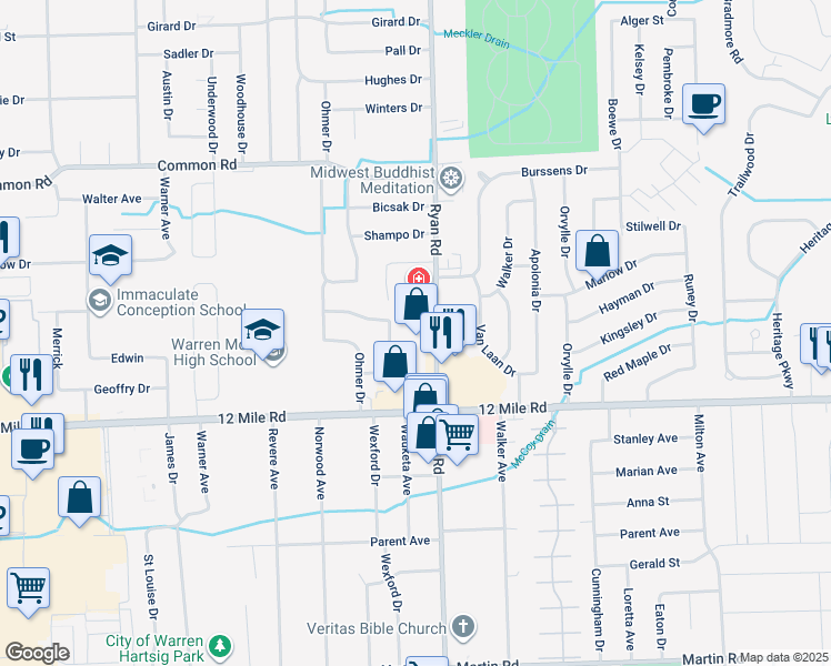 map of restaurants, bars, coffee shops, grocery stores, and more near in Warren