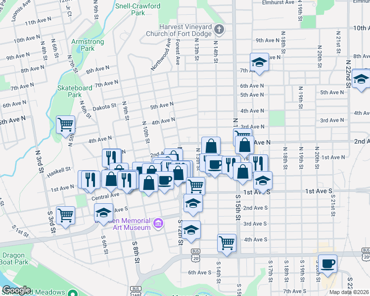 map of restaurants, bars, coffee shops, grocery stores, and more near 1214 2nd Avenue North in Fort Dodge