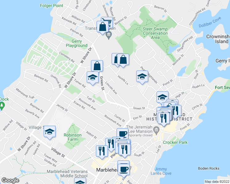map of restaurants, bars, coffee shops, grocery stores, and more near 26 Lincoln Avenue in Marblehead