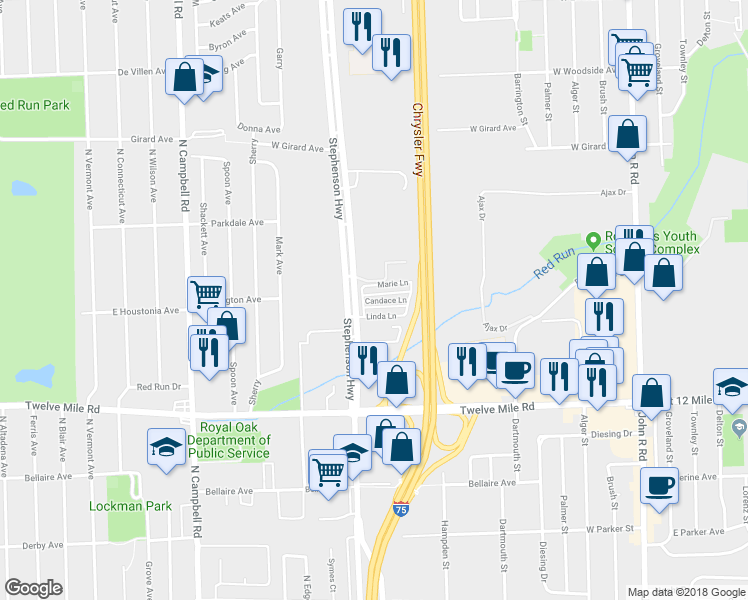 map of restaurants, bars, coffee shops, grocery stores, and more near 1054 Candace Lane in Madison Heights