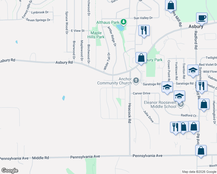 map of restaurants, bars, coffee shops, grocery stores, and more near 5665 Jodi Court in Asbury
