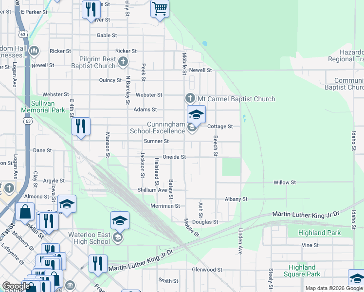 map of restaurants, bars, coffee shops, grocery stores, and more near 627 Sumner Street in Waterloo