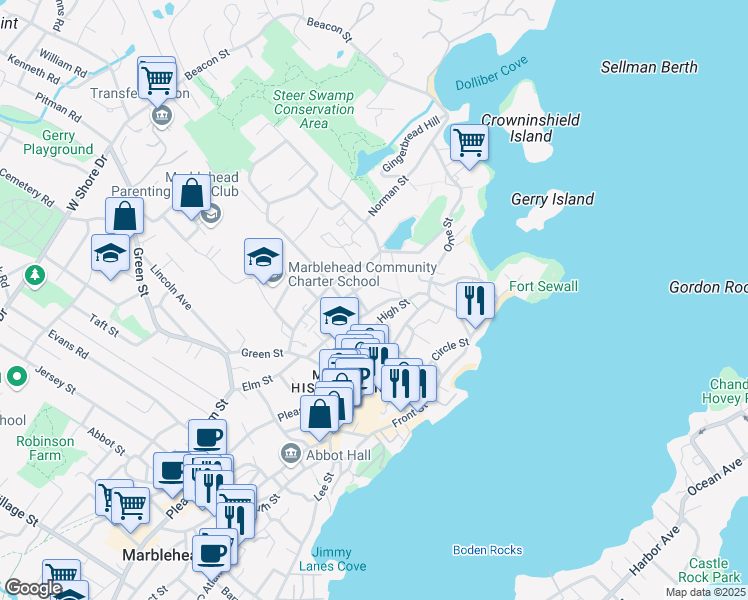 map of restaurants, bars, coffee shops, grocery stores, and more near 25 Russell Street in Marblehead