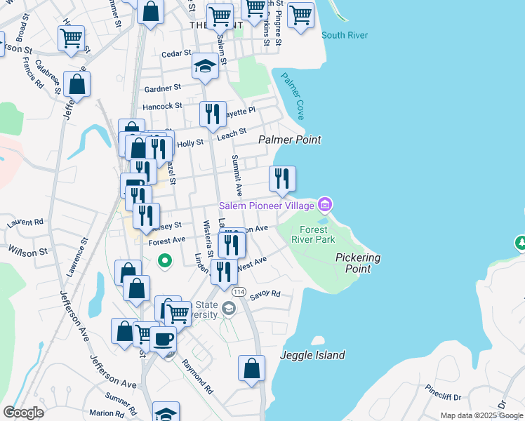 map of restaurants, bars, coffee shops, grocery stores, and more near 13 Ocean Avenue in Salem