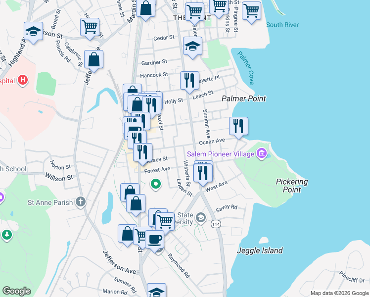 map of restaurants, bars, coffee shops, grocery stores, and more near 284 Lafayette Street in Salem