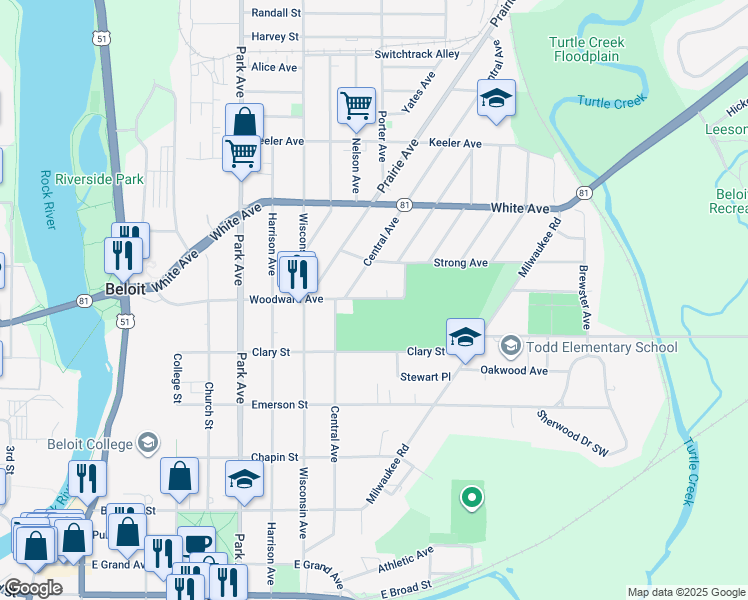 map of restaurants, bars, coffee shops, grocery stores, and more near 1321 Woodward Avenue in Beloit