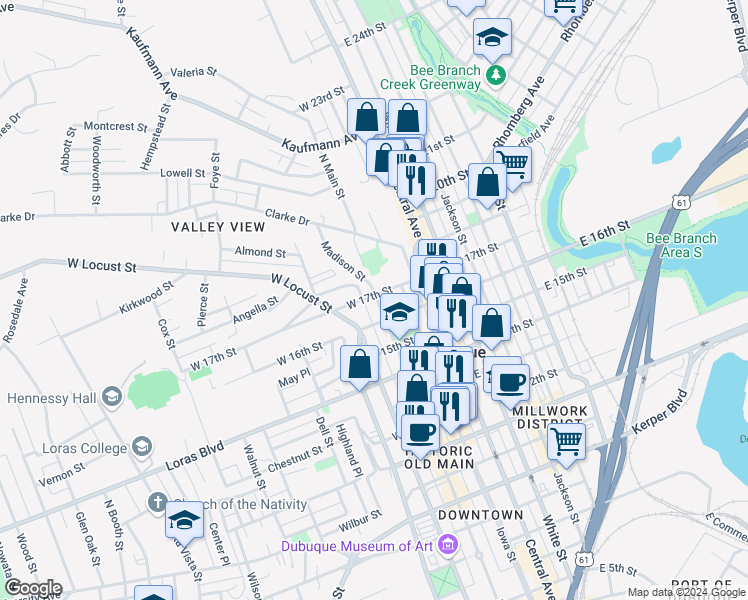 map of restaurants, bars, coffee shops, grocery stores, and more near 135 West 17th Street in Dubuque