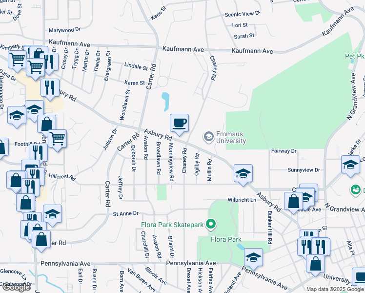 map of restaurants, bars, coffee shops, grocery stores, and more near 2705 Asbury Road in Dubuque
