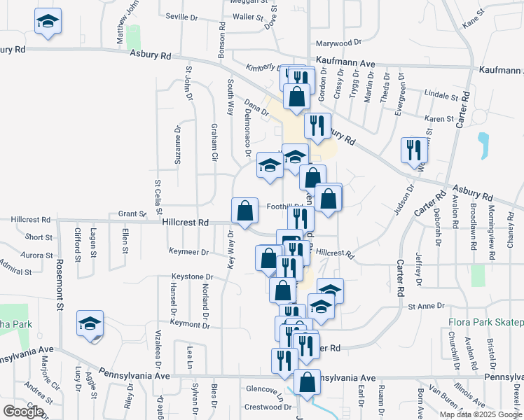 map of restaurants, bars, coffee shops, grocery stores, and more near 3351-3499 Foothill Road in Dubuque