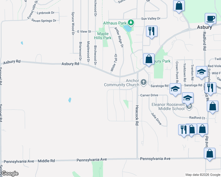 map of restaurants, bars, coffee shops, grocery stores, and more near 5665 Jodi Court in Asbury