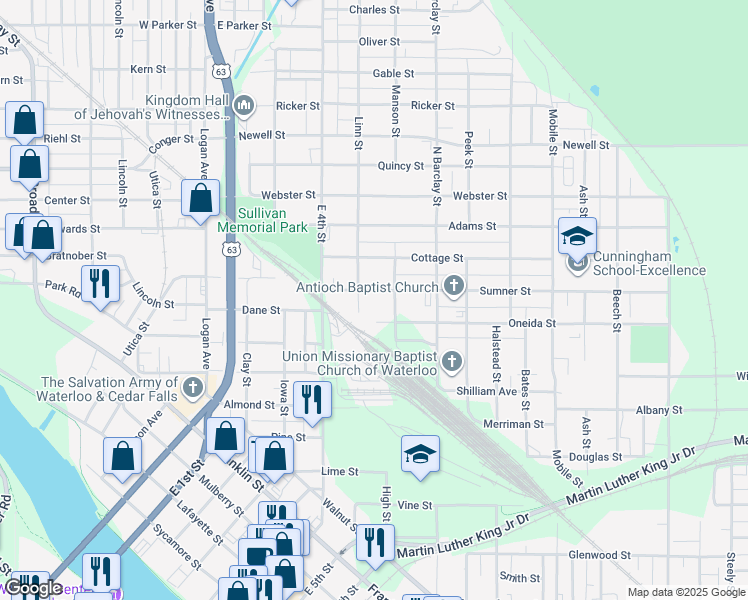 map of restaurants, bars, coffee shops, grocery stores, and more near 203 Sumner Street in Waterloo