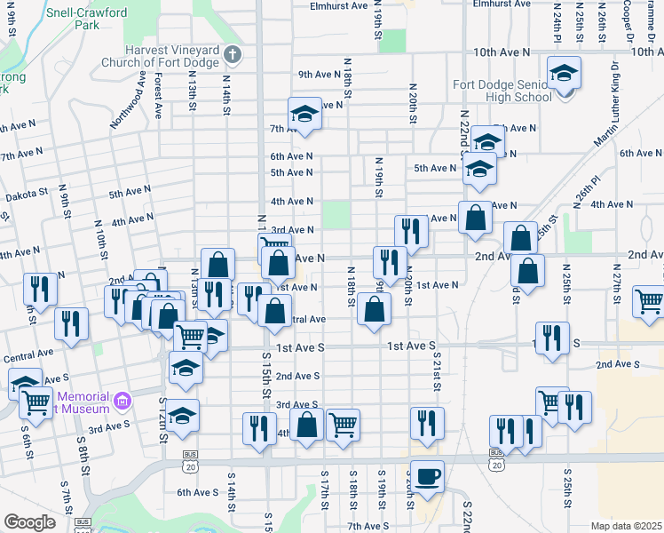 map of restaurants, bars, coffee shops, grocery stores, and more near 1706 2nd Avenue North in Fort Dodge