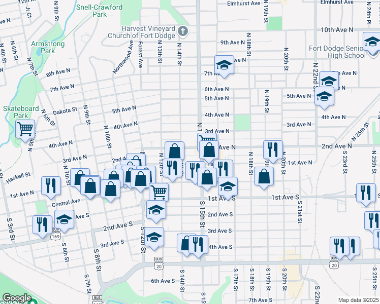 map of restaurants, bars, coffee shops, grocery stores, and more near 1412 2nd Avenue North in Fort Dodge