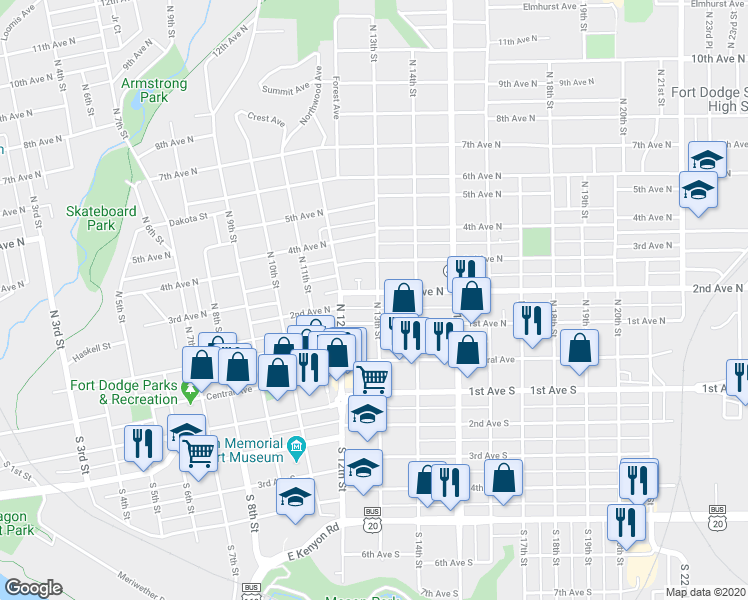 map of restaurants, bars, coffee shops, grocery stores, and more near 1214 2nd Avenue North in Fort Dodge