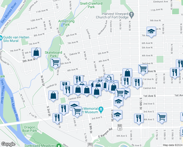 map of restaurants, bars, coffee shops, grocery stores, and more near 910 3rd Avenue North in Fort Dodge