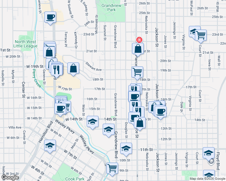 map of restaurants, bars, coffee shops, grocery stores, and more near 1700-1798 Grandview Blvd in Sioux City