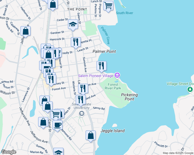 map of restaurants, bars, coffee shops, grocery stores, and more near 18 Ocean Terrace in Salem