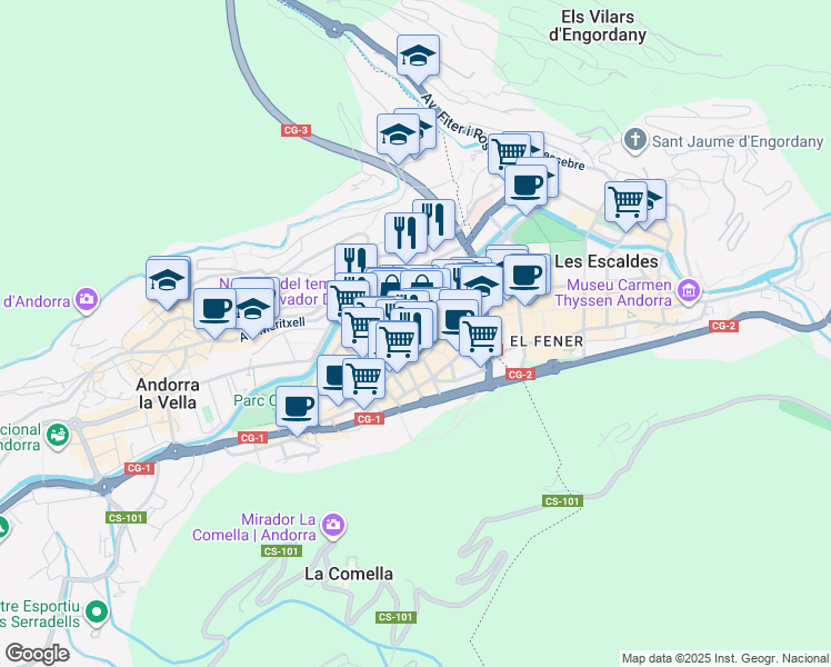 map of restaurants, bars, coffee shops, grocery stores, and more near 2 Passatge d'Europa in Andorra la Vella