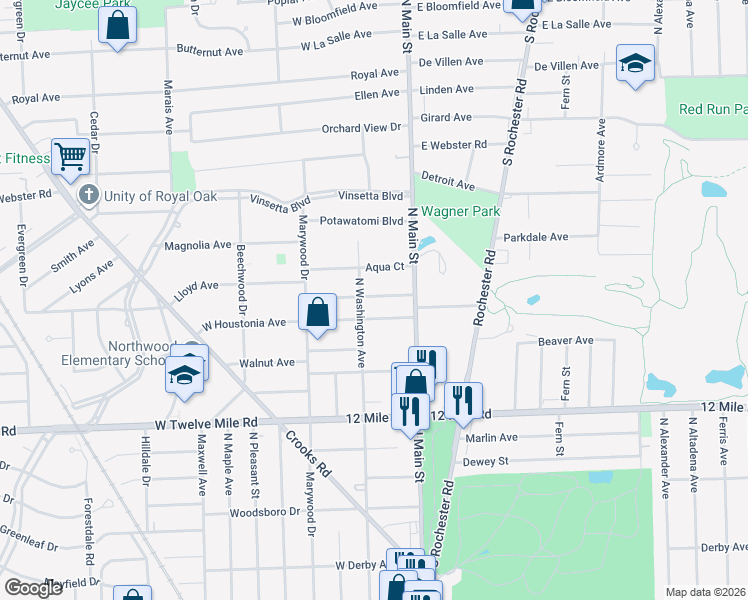 map of restaurants, bars, coffee shops, grocery stores, and more near 219 La Plaza Court in Royal Oak