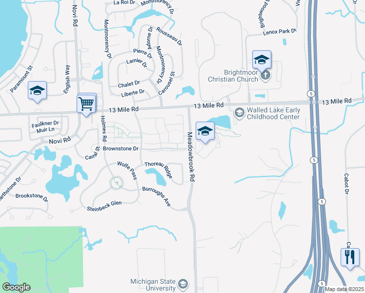 map of restaurants, bars, coffee shops, grocery stores, and more near 41698 Brownstone Drive in Novi