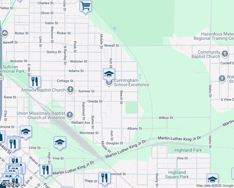 map of restaurants, bars, coffee shops, grocery stores, and more near 816 Sumner Street in Waterloo