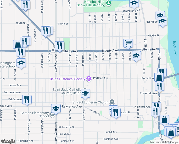 map of restaurants, bars, coffee shops, grocery stores, and more near 940 11th St in Beloit