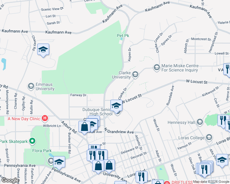 map of restaurants, bars, coffee shops, grocery stores, and more near 2280 Hoyt Street in Dubuque