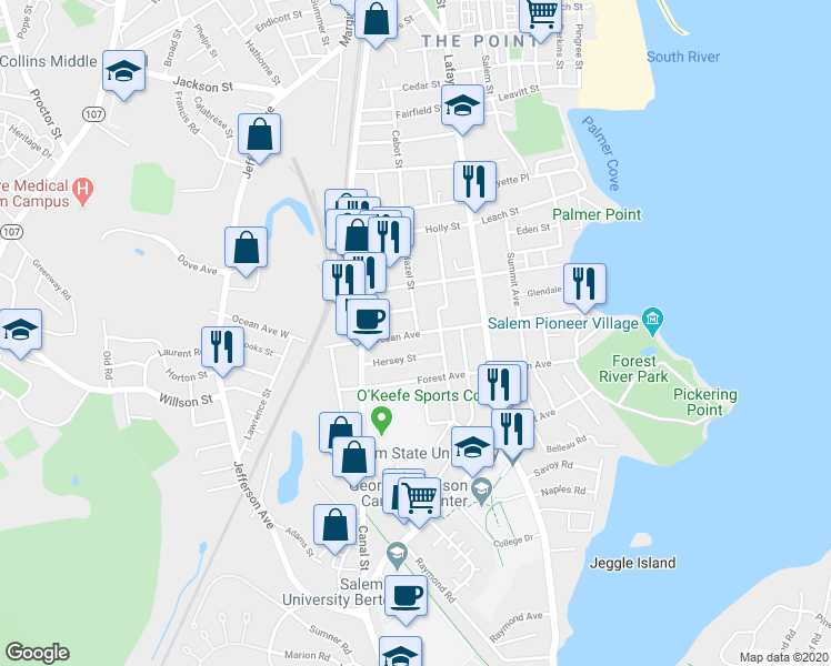 map of restaurants, bars, coffee shops, grocery stores, and more near 72 Ocean Avenue in Salem