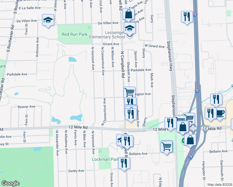 map of restaurants, bars, coffee shops, grocery stores, and more near 2127 North Campbell Road in Royal Oak